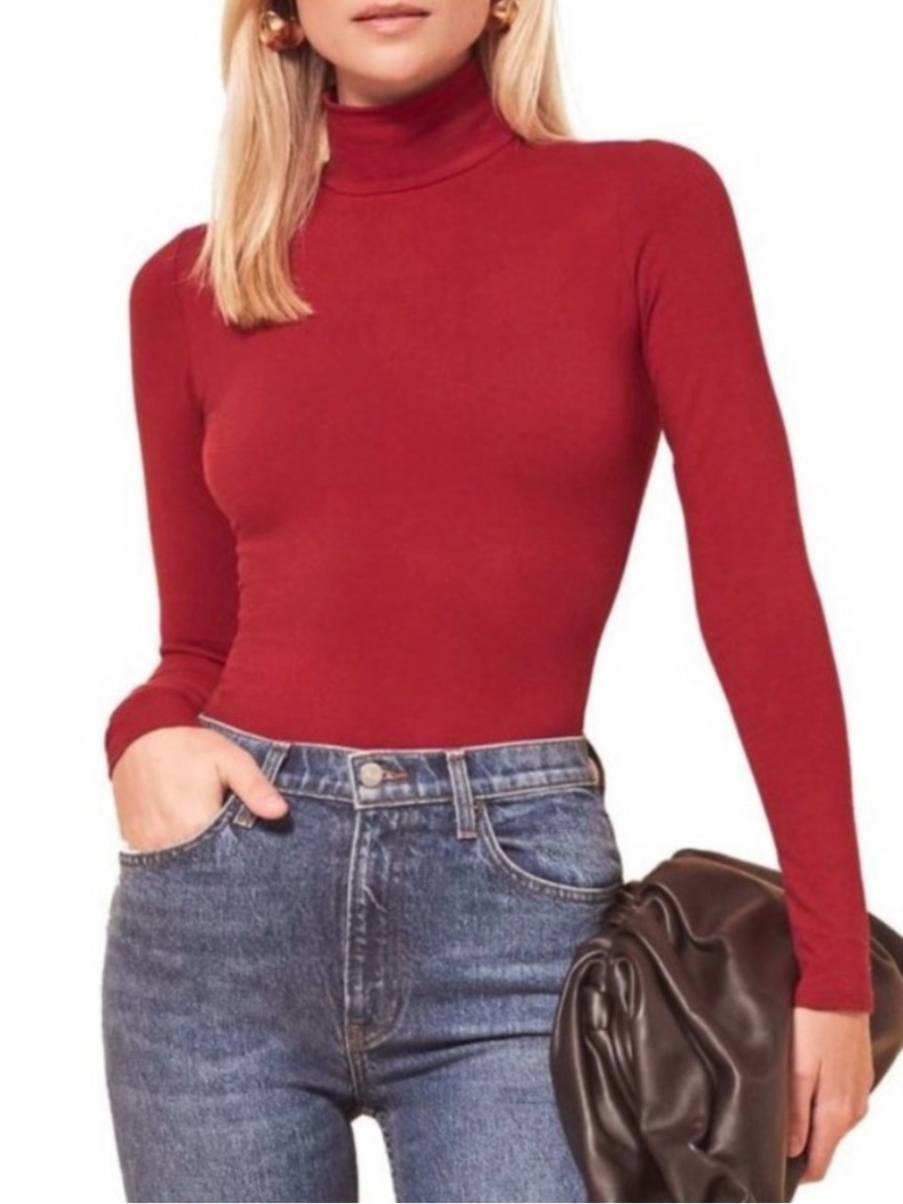 Reformation Red Ribbed Turtleneck Bodysuit
